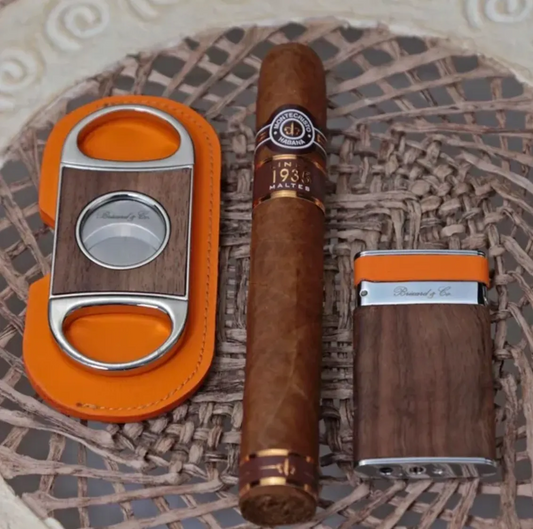 Double Guillotine Series 2 Cutter - Curly Walnut and Orange Leather