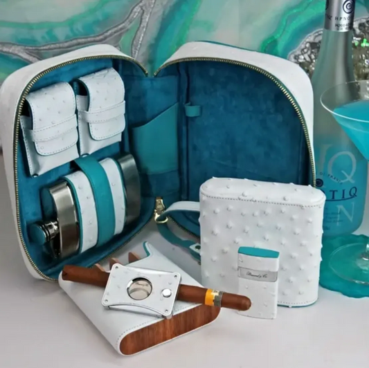 Havana Traveler - Ostrich White and Turquoise Leather