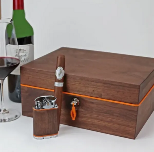 The "Curly Walnut and Orange Leather" Humidor (30/40 Count)