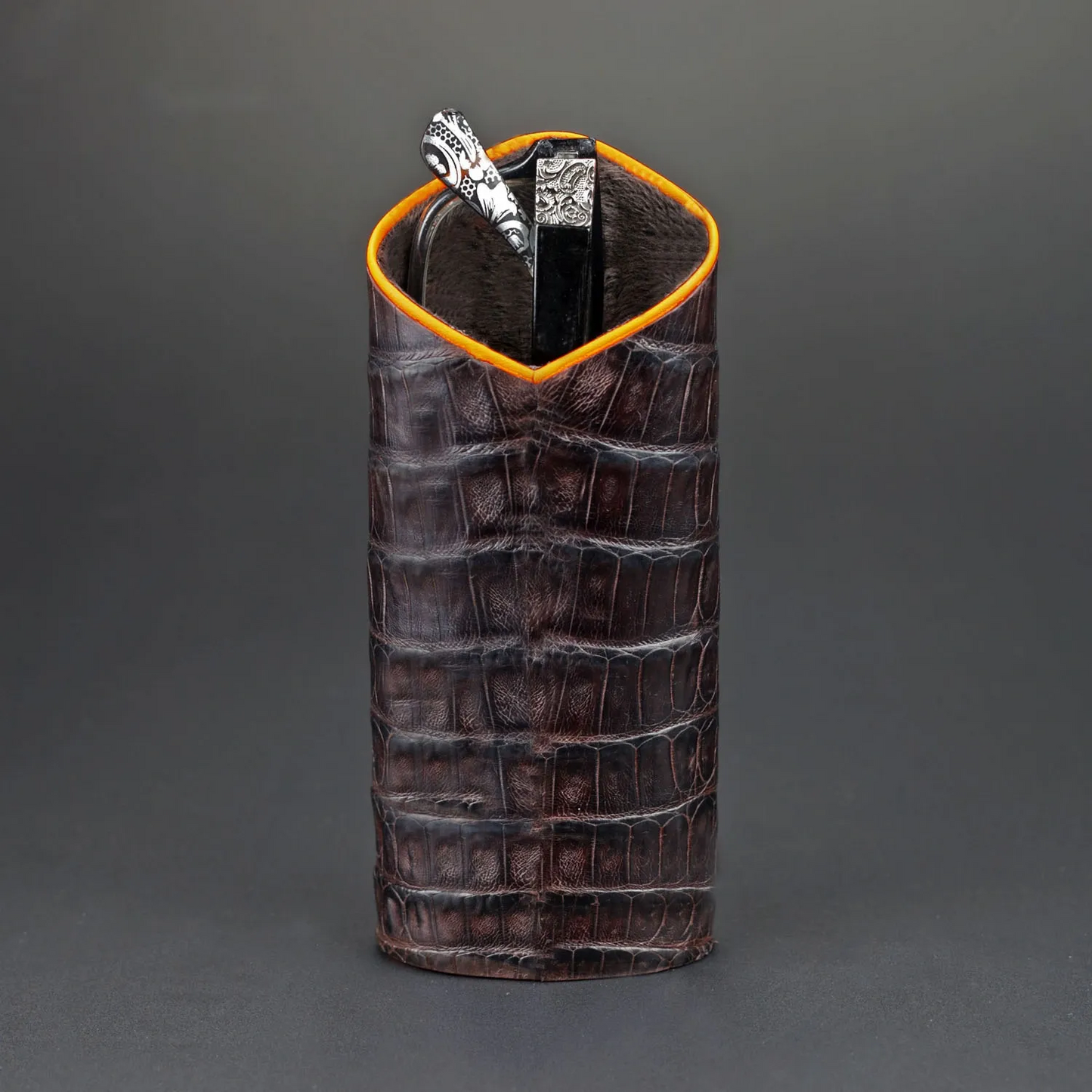 The Luxury Eyewear Stand - Genuine Tobacco Caiman Alligator and Orange Leather