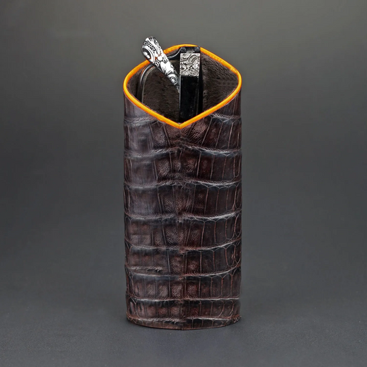 The Luxury Eyewear Stand - Genuine Tobacco Caiman Alligator and Orange Leather