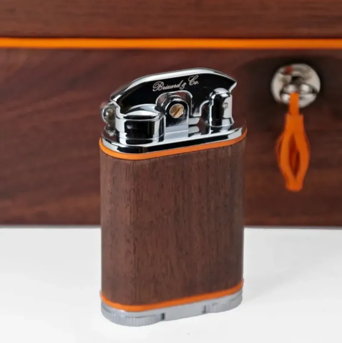 Gatsby Lighter - Curly Walnut and Orange Leather
