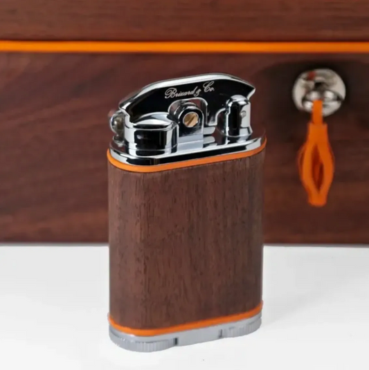 Gatsby Lighter - Curly Walnut and Orange Leather