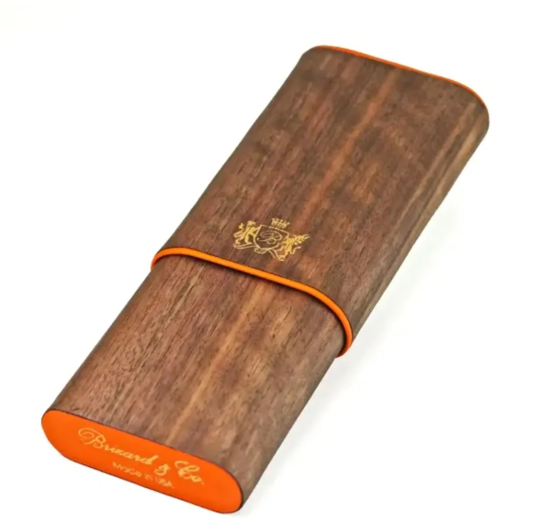 The "Show Band" 3 Cigar Case - Curly Walnut and Orange Leather