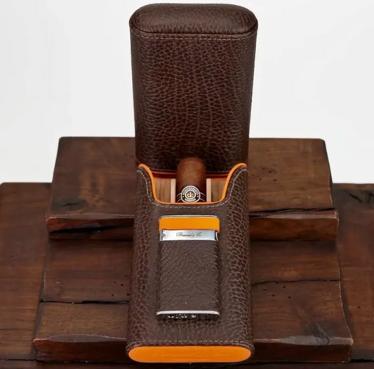 The "Show Band" 3 Cigar Case - Tobacco and Orange Full Grain Leather