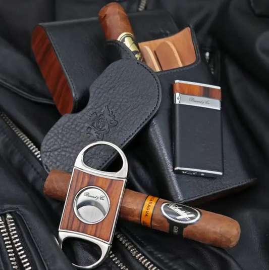 The "Show Band" 3 Cigar Case - Black Leather and Rosewood (Flat Top)