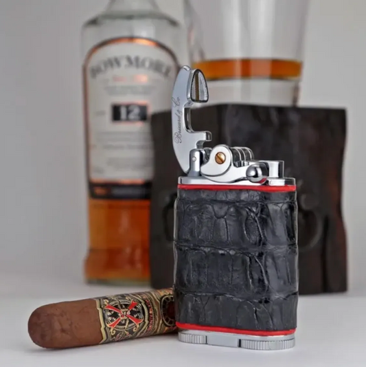 Gatsby Lighter - Genuine Black Caiman Alligator and Red