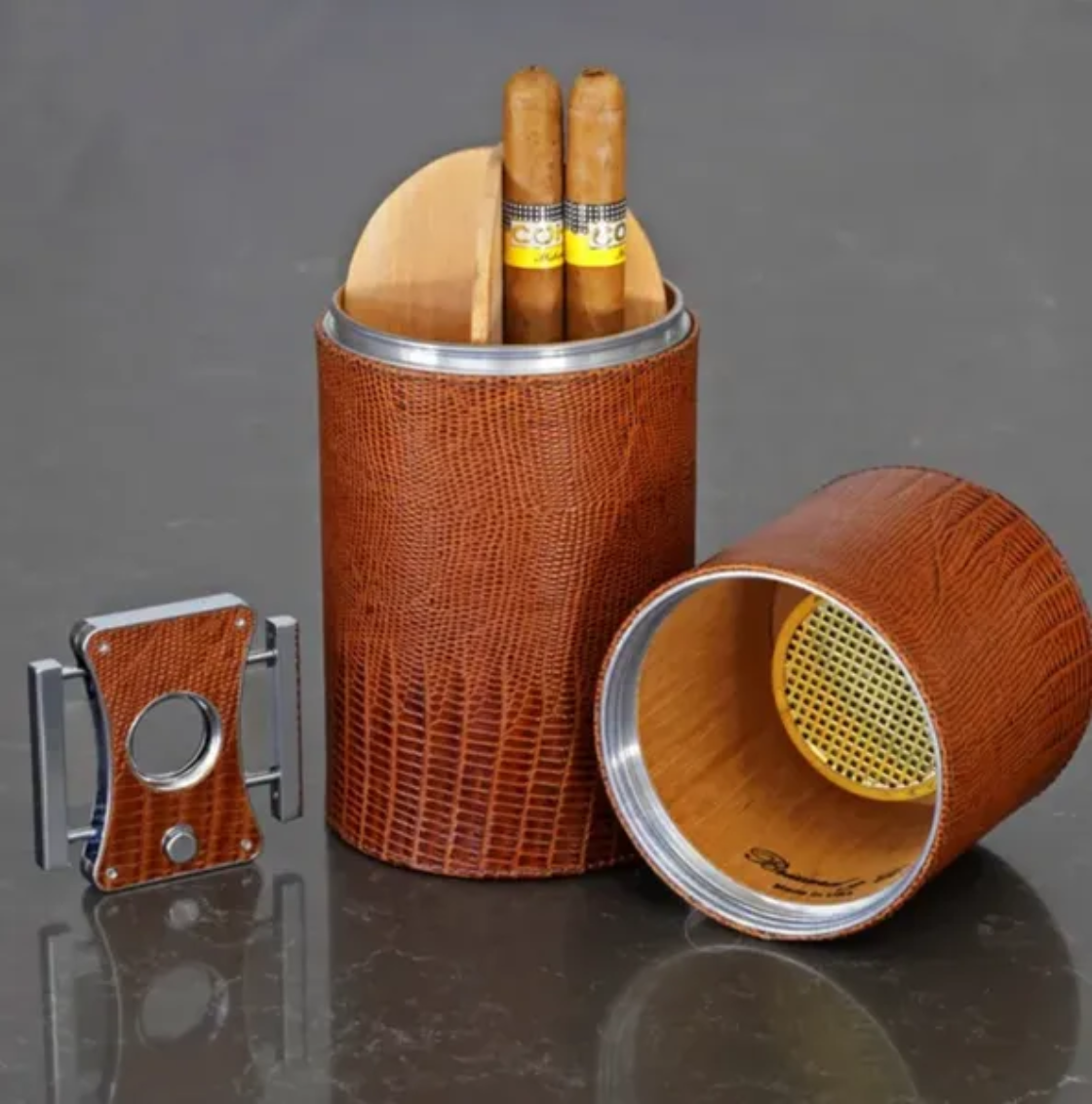 The Cylindrical Desk Humidor - Lizard Pattern Havana