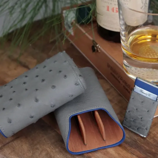 The "Show Band" 3 Cigar Case - Ostrich Gray and Blue