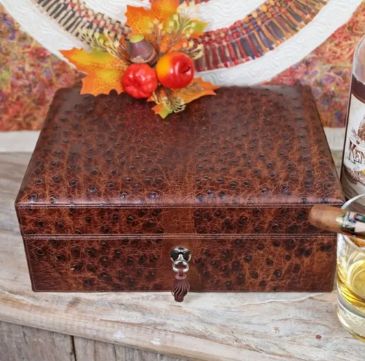 The "Airflow" Cigar Humidor - Genuine Antique Saddle Ostrich (60/70 Count)