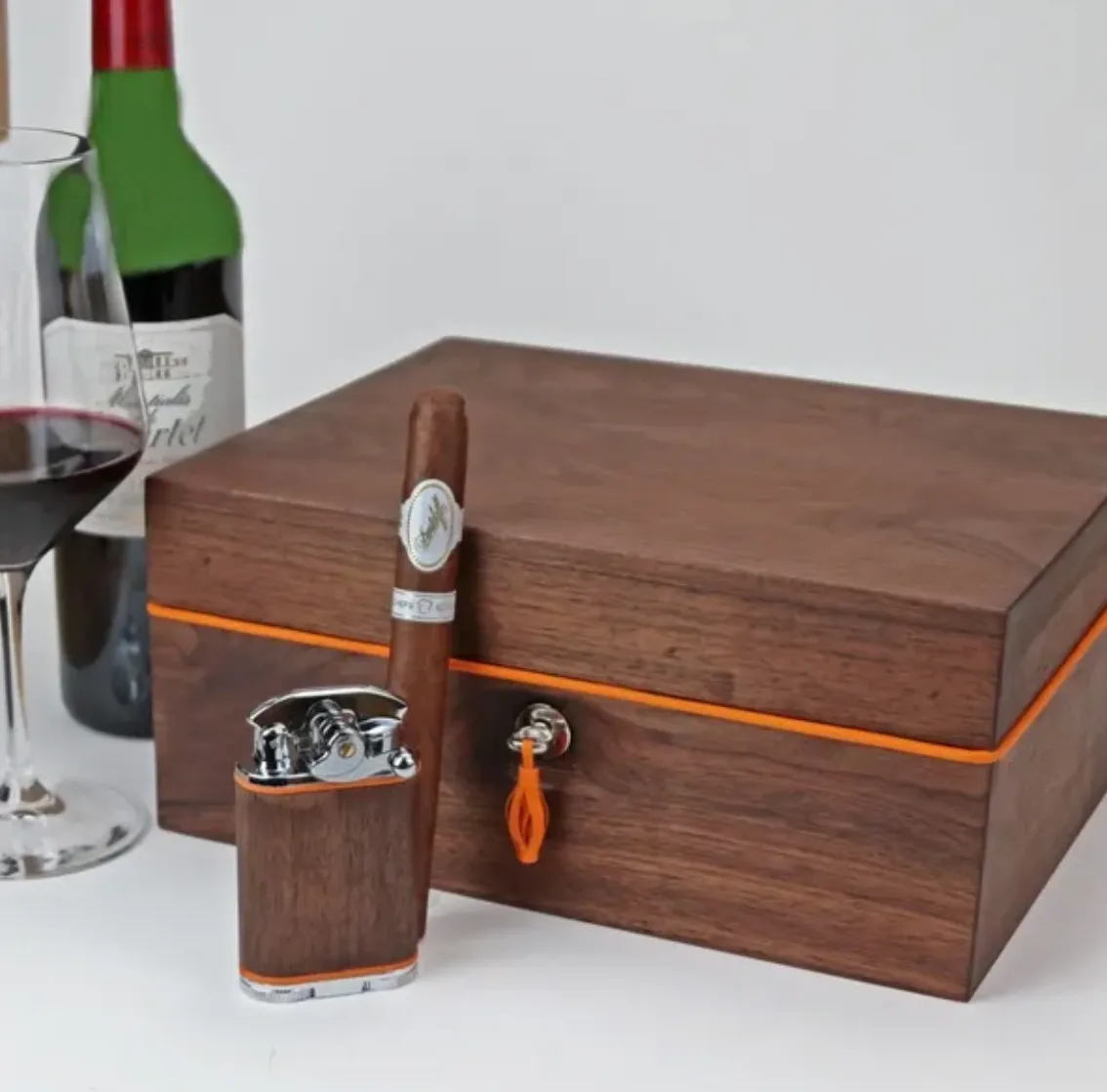 Gatsby Lighter - Curly Walnut and Orange Leather