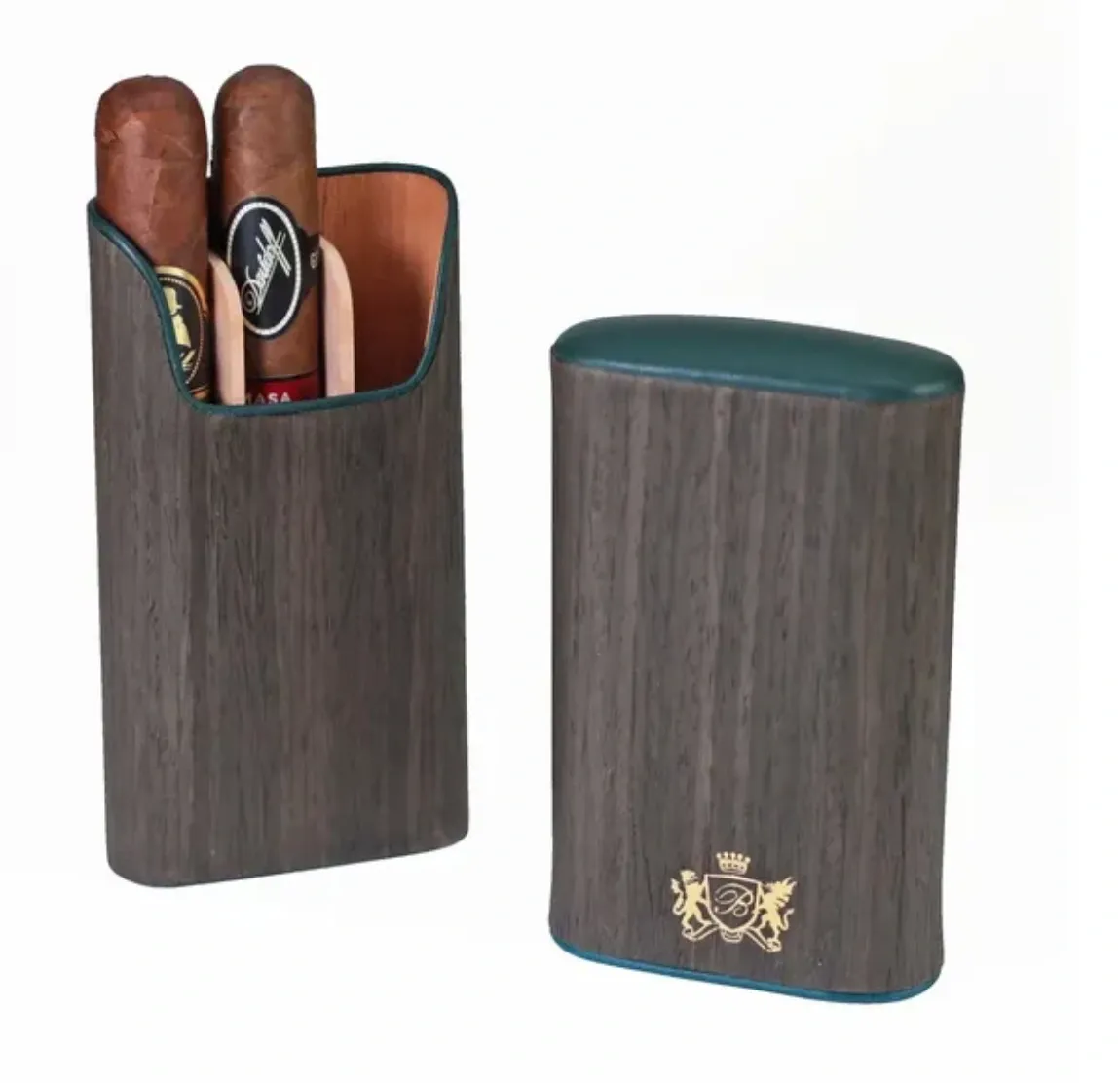 The "Show Band" 3 Cigar Case - Gunmetal Ebony and Forest Green Leather