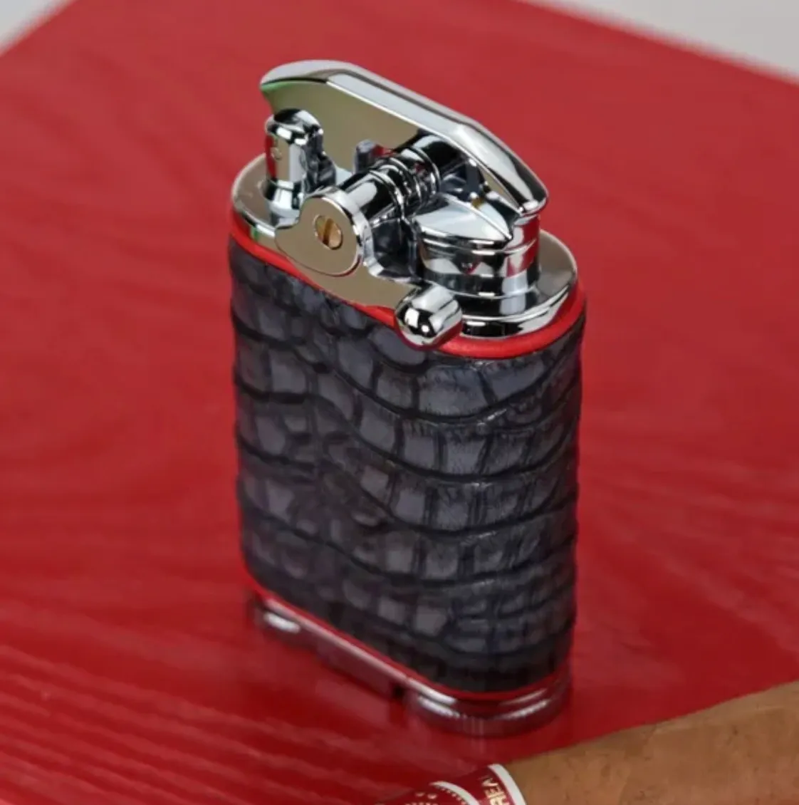 Gatsby Lighter - Genuine Black American Alligator and Red Leather