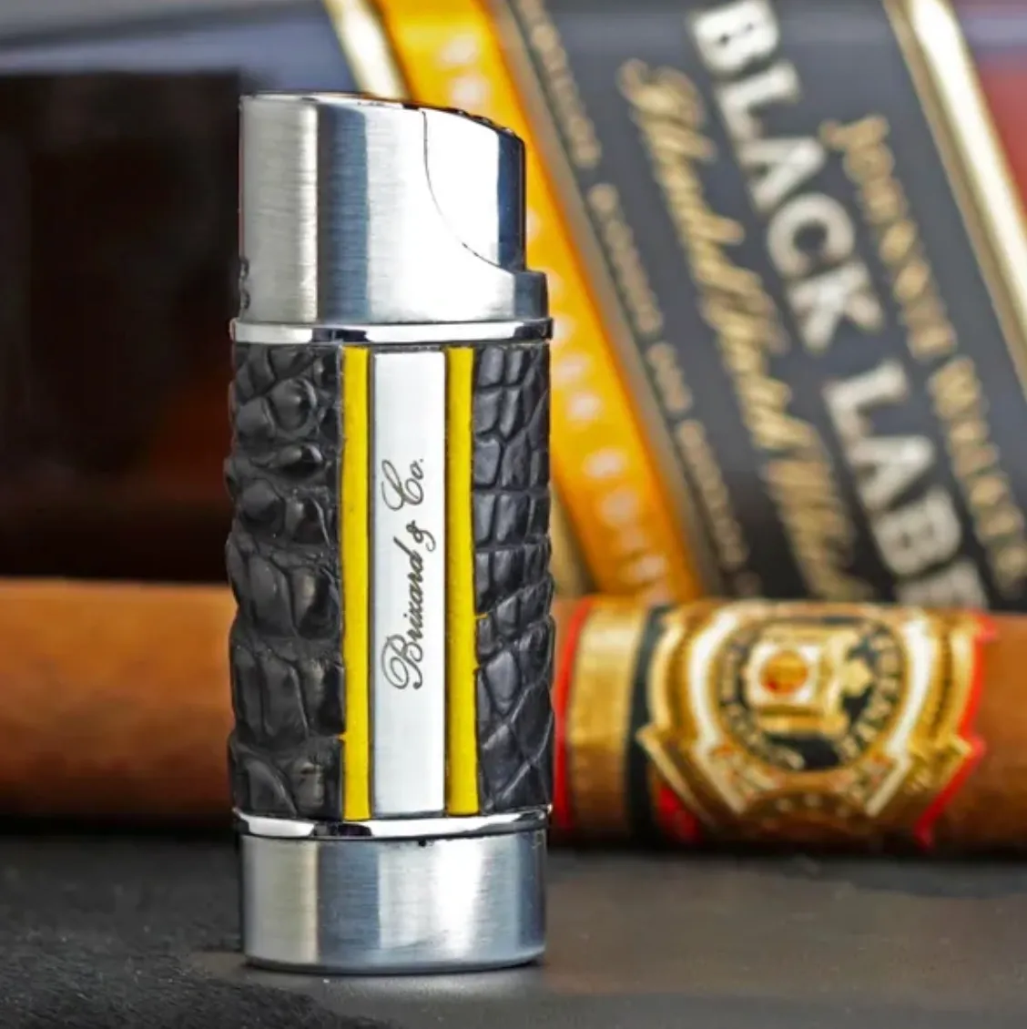 The "Nano" Lighter - Genuine Black Caiman Alligator and Yellow Leather