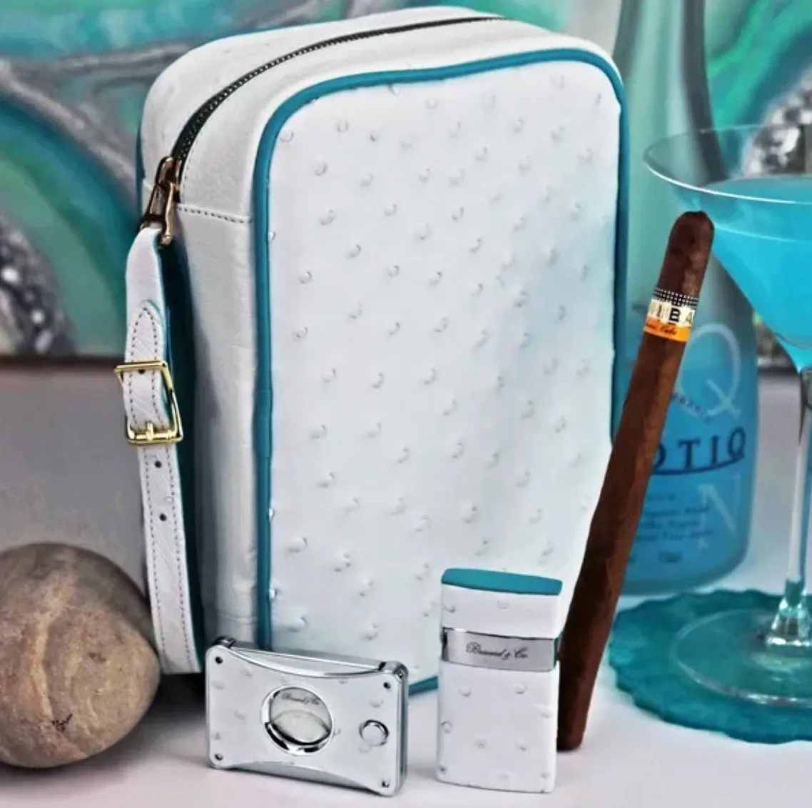 Havana Traveler - Ostrich White and Turquoise Leather