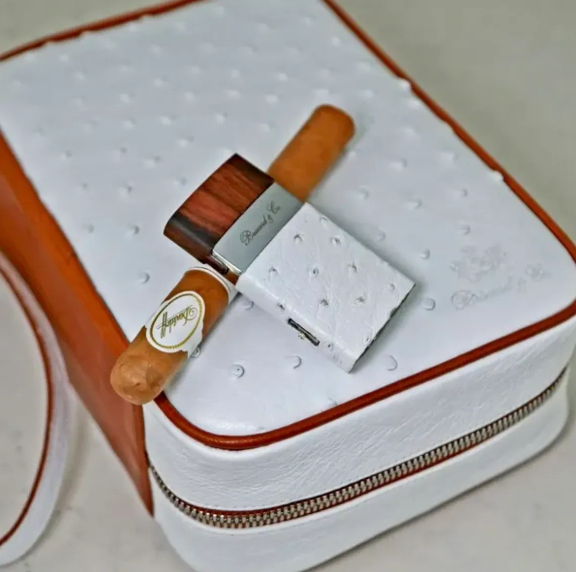 Havana Traveler - Ostrich White and Tan Leather