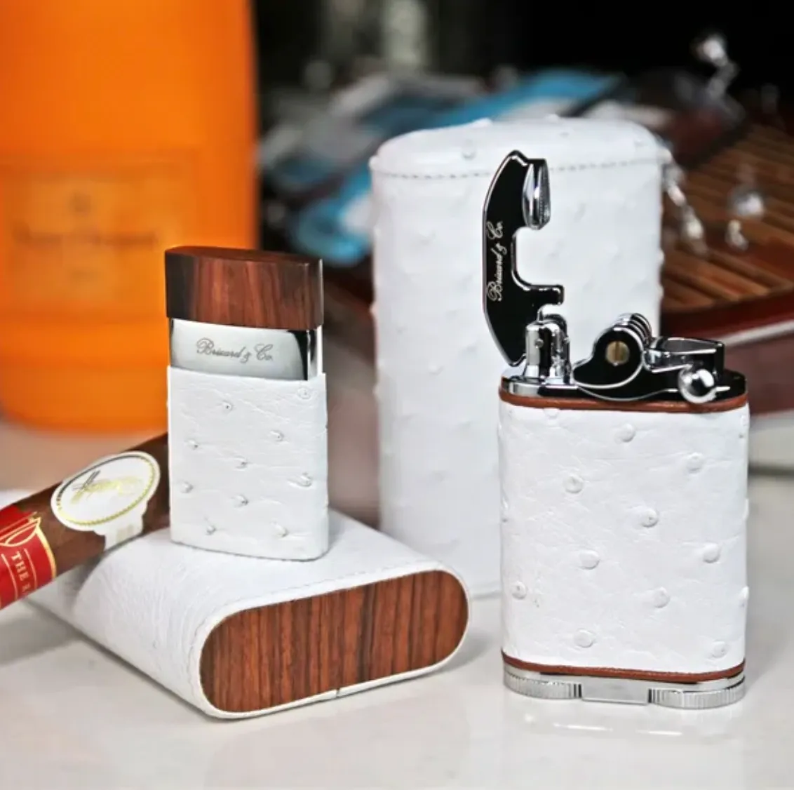 The "Show Band" 3 Cigar Case - White Ostrich Leather and Rosewood