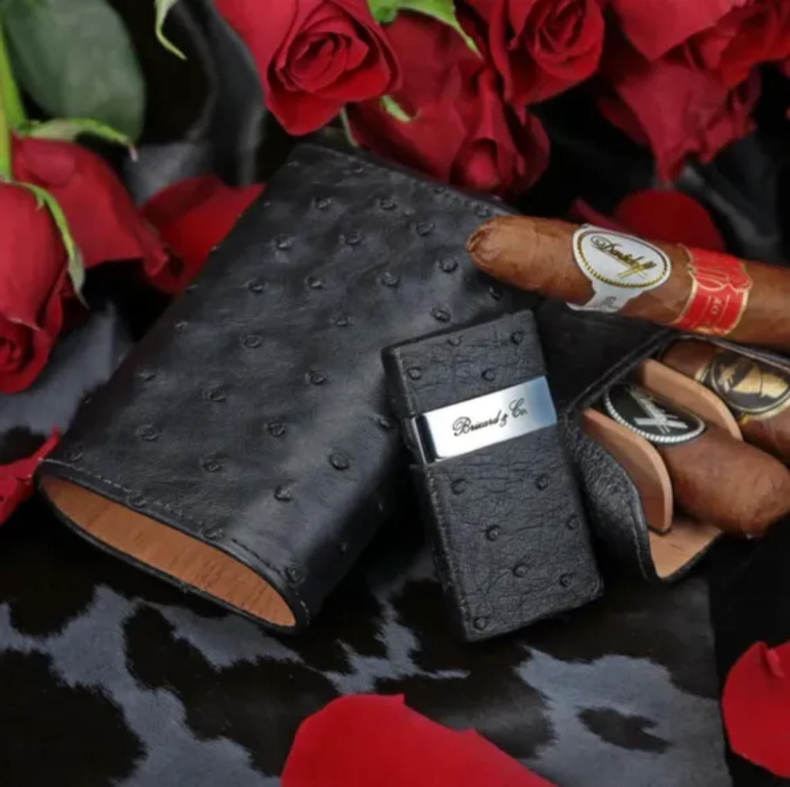 The "Show Band" 3 Cigar Case - Ostrich Black