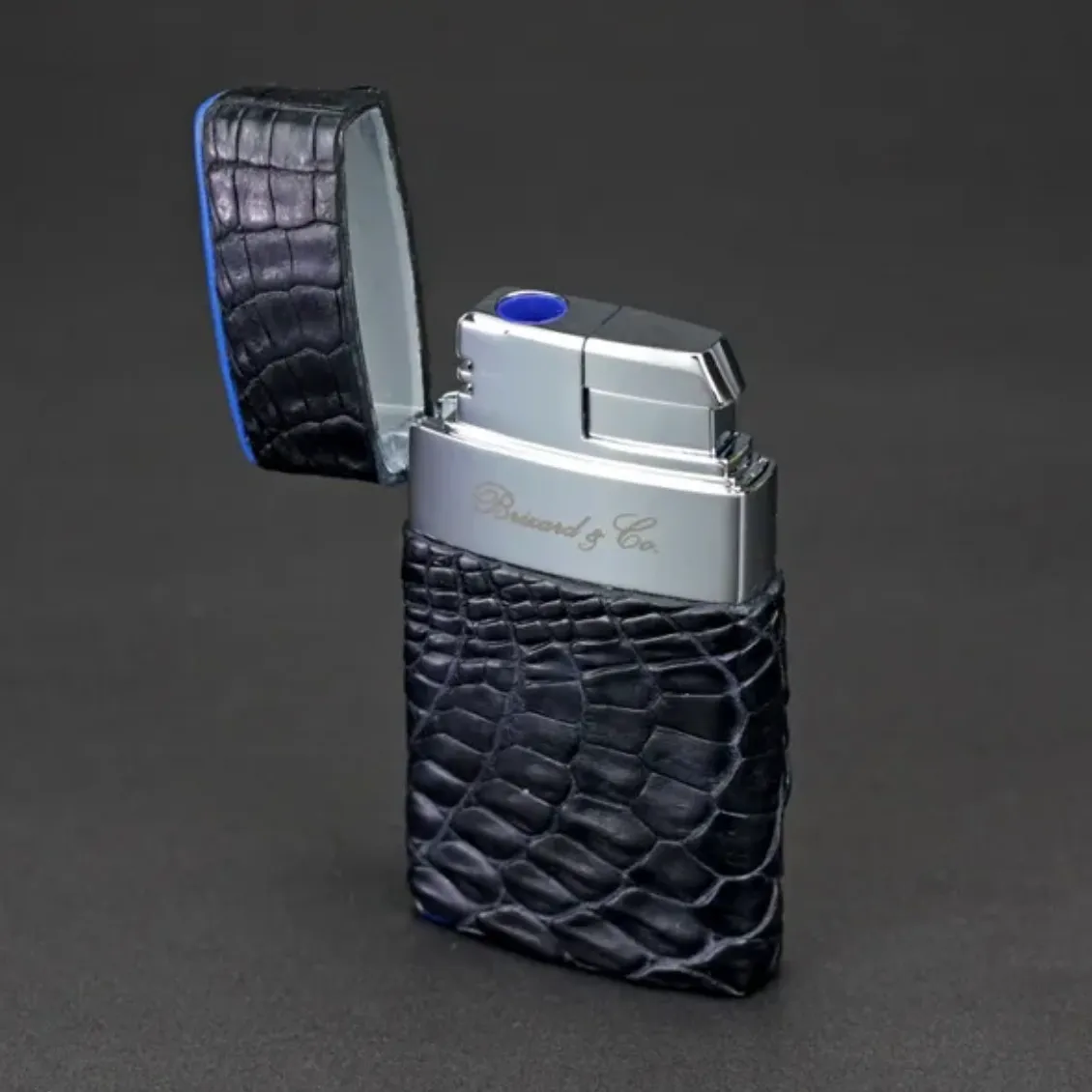 Venezia Lighter - Genuine Black Caiman Alligator and Blue Leather
