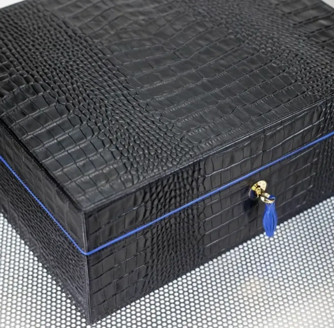 The "Airflow" Cigar Humidor - Black Alligator and Blue (60/70 Count)
