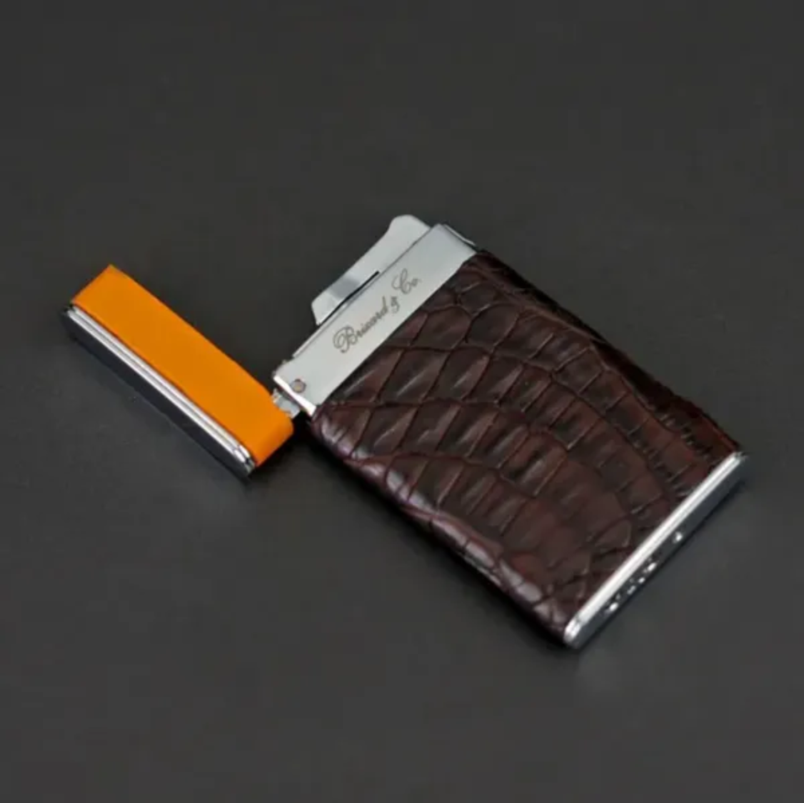 The "Sottile" Lighter - Genuine Tobacco Caiman Alligator and Orange Leather