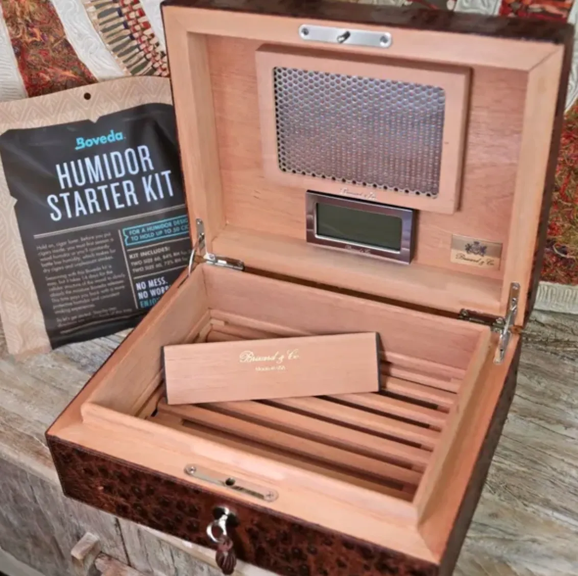 The "Airflow" Cigar Humidor - Genuine Antique Saddle Ostrich (60/70 Count)