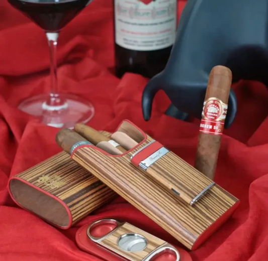 The "Show Band" 3 Cigar Case - Zebrawood and Red Leather
