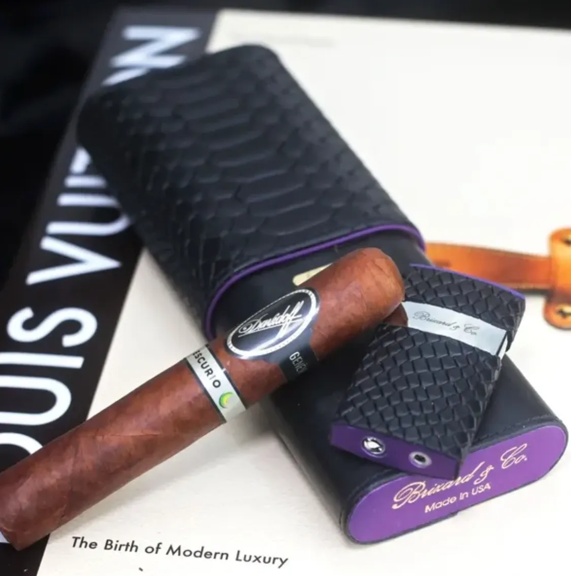 The "Show Band" 3 Cigar Case - Black Python Pattern and Purple Leather (Limited Edition)
