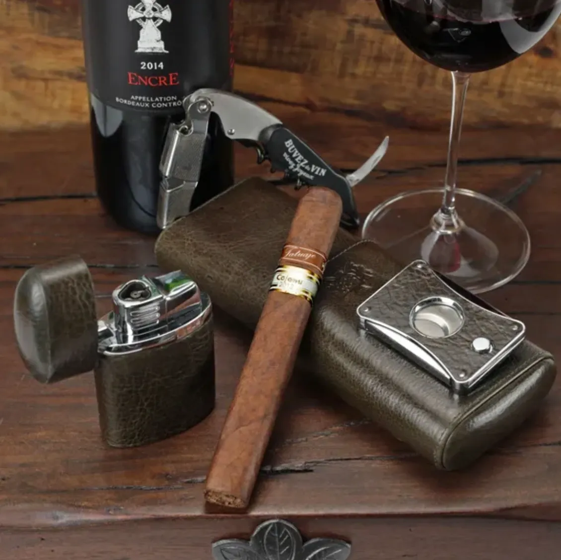 The "Triple Jet" Table Lighter - Antique Olive Leather