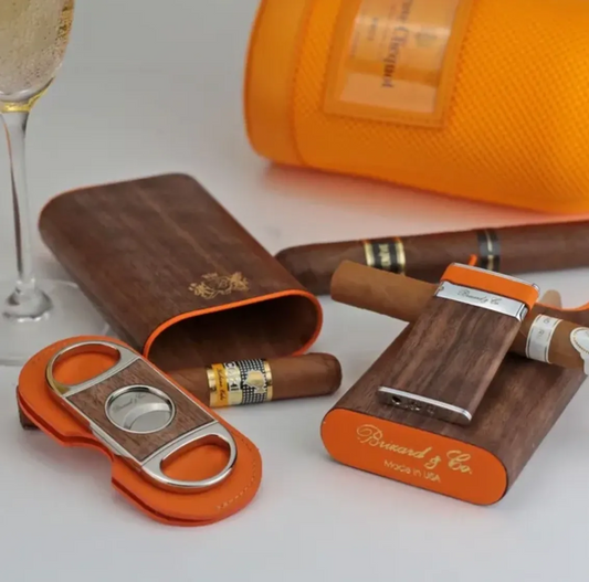The "Show Band" 3 Cigar Case - Curly Walnut and Orange Leather