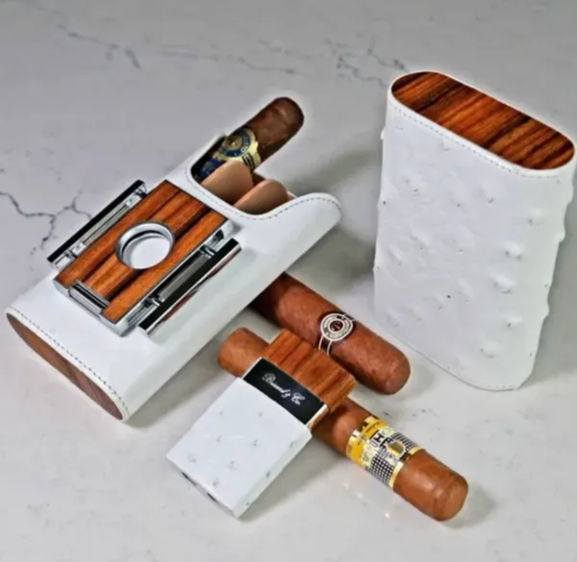 Venezia Lighter - White Ostrich Leather and Rosewood