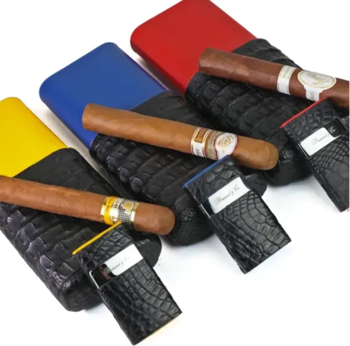 The "Show Band" 3 Cigar Case - Genuine Black Caiman Alligator and Blue Leather