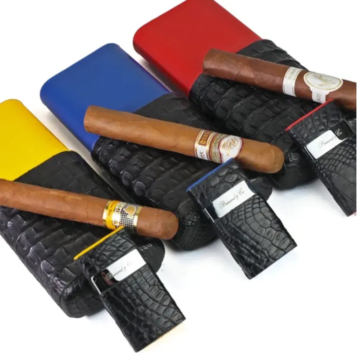 The "Show Band" 3 Cigar Case - Genuine Black Caiman Alligator and Yellow Leather