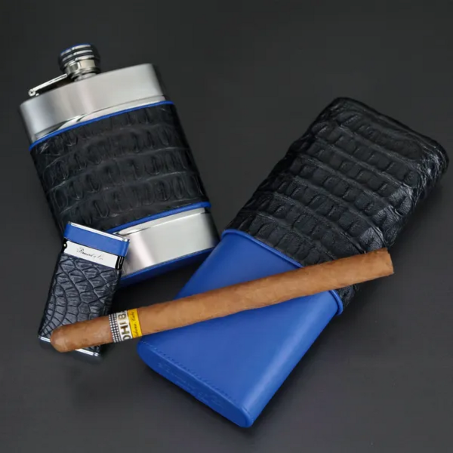 The "Sottile" Lighter - Genuine Black Caiman Alligator and Blue Leather