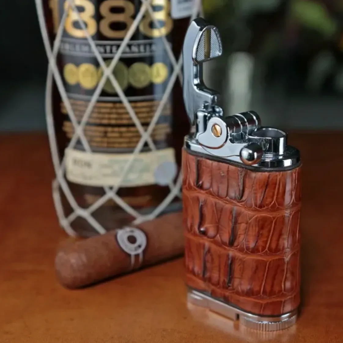 Gatsby Lighter - Genuine Cognac Caiman Alligator