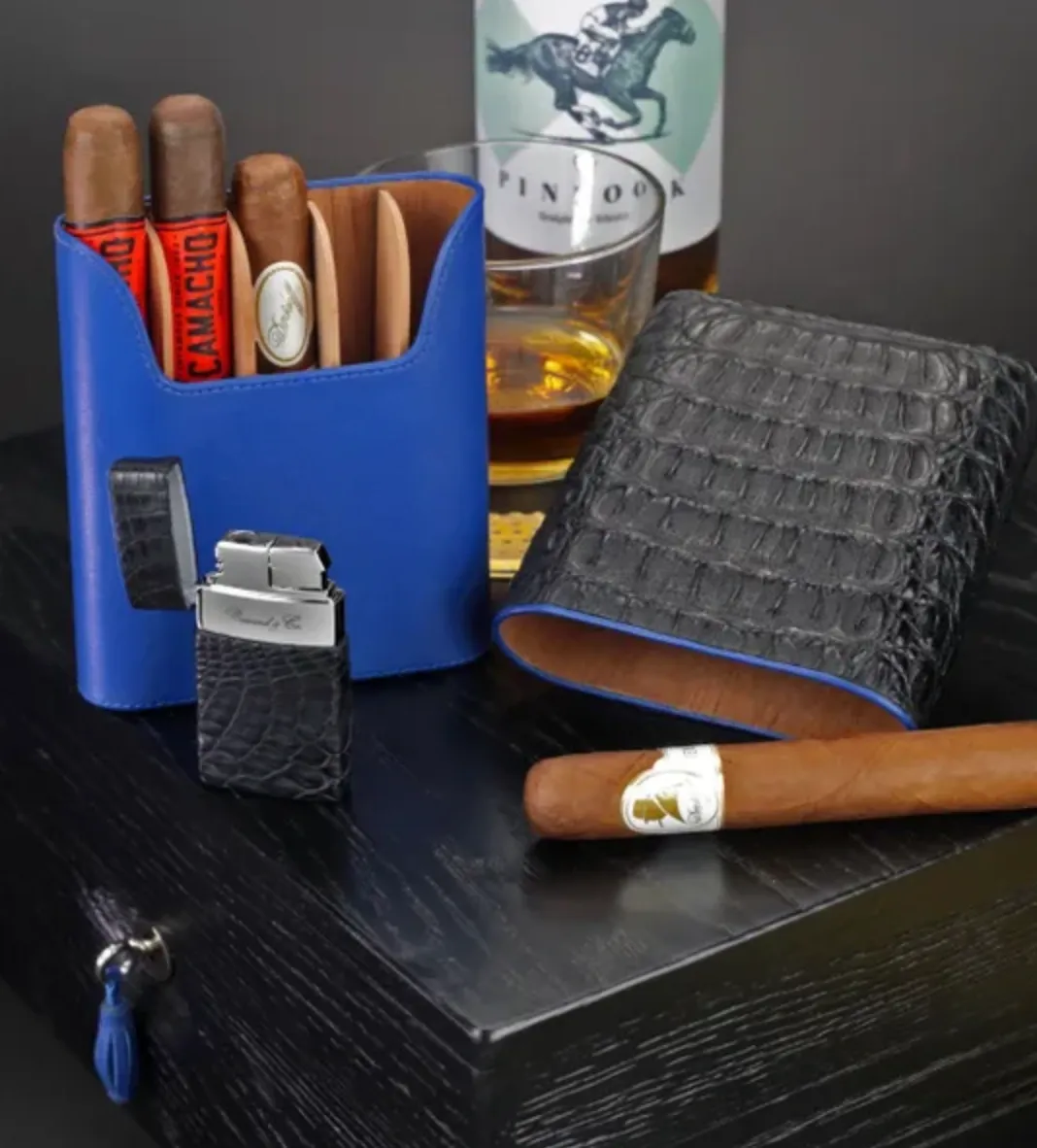 Venezia Lighter - Genuine Black Caiman Alligator and Blue Leather
