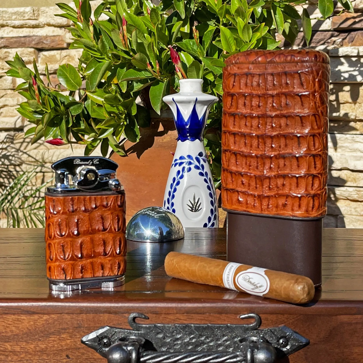 Gatsby Lighter - Genuine Cognac Caiman Alligator