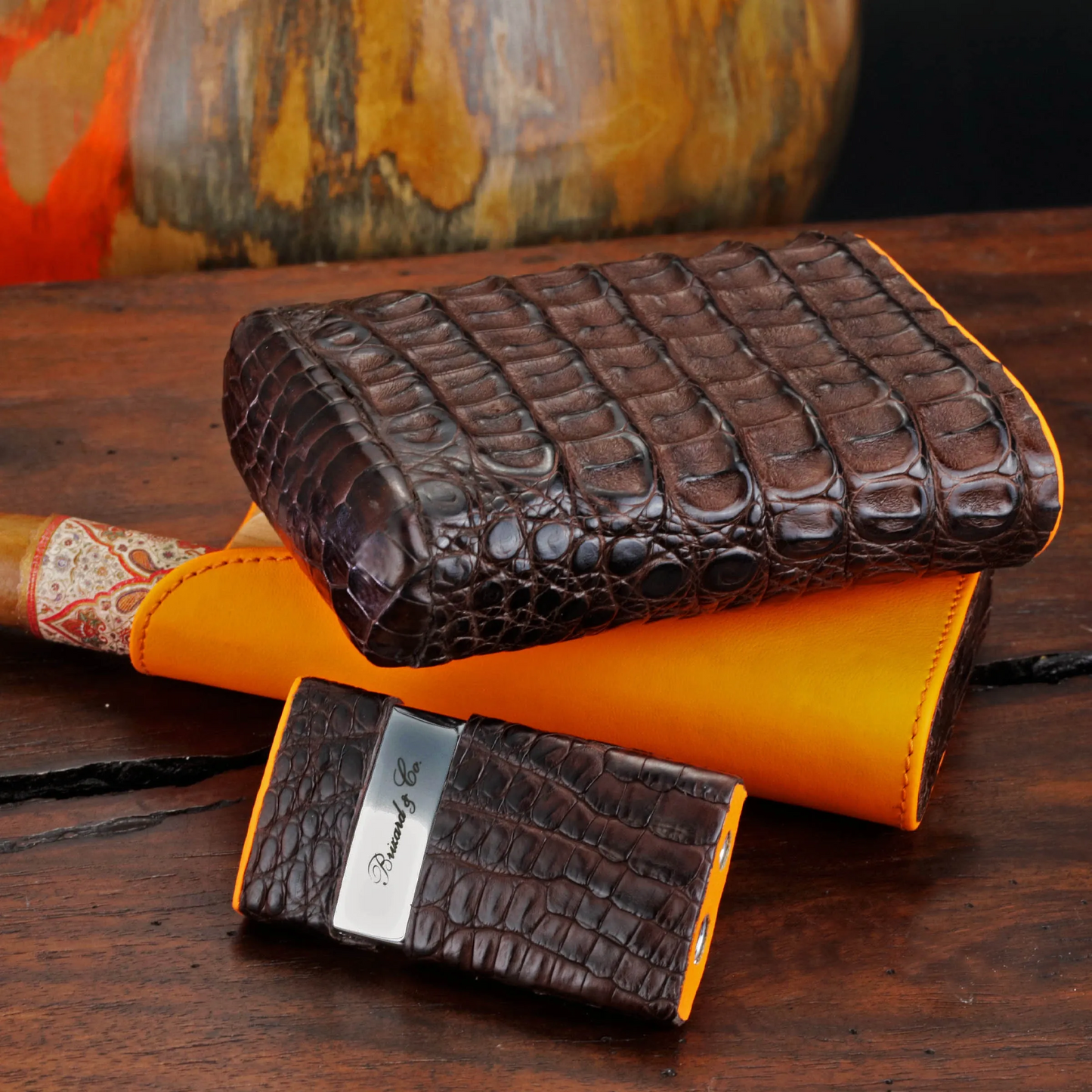 The "Show Band" 3 Cigar Case - Genuine Tobacco Caiman Alligator and Orange Leather