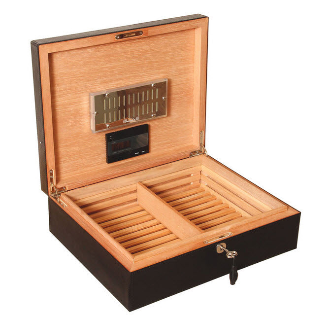 The "Airflow" Cigar Humidor - Black Leather and Zebrawood (60/70 Count)