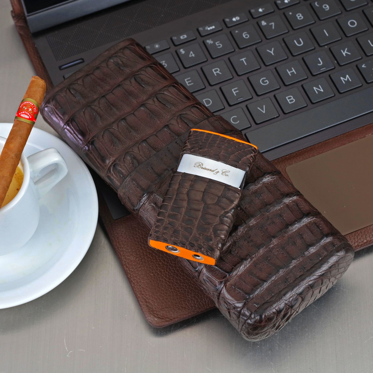 Venezia Lighter - Genuine Tobacco Caiman Alligator and Orange Leather