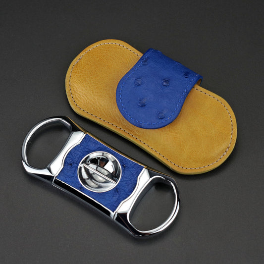 The "V" Cutter - Blue Ostrich and Camel Color Leather