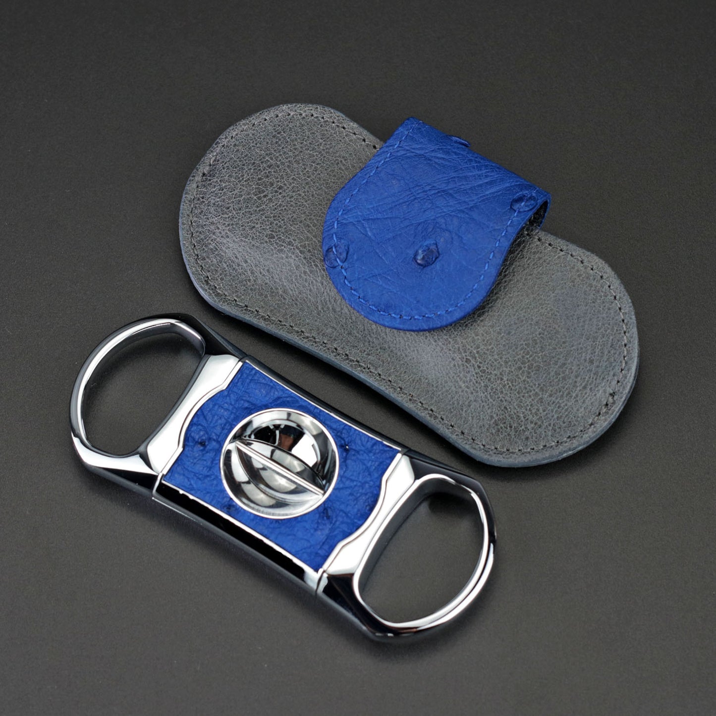 The "V" Cutter - Blue Ostrich and Gray Leather