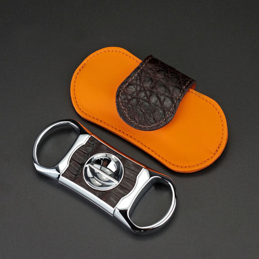 The "V" Cutter - Genuine Tobacco Caiman Alligator and Orange Leather