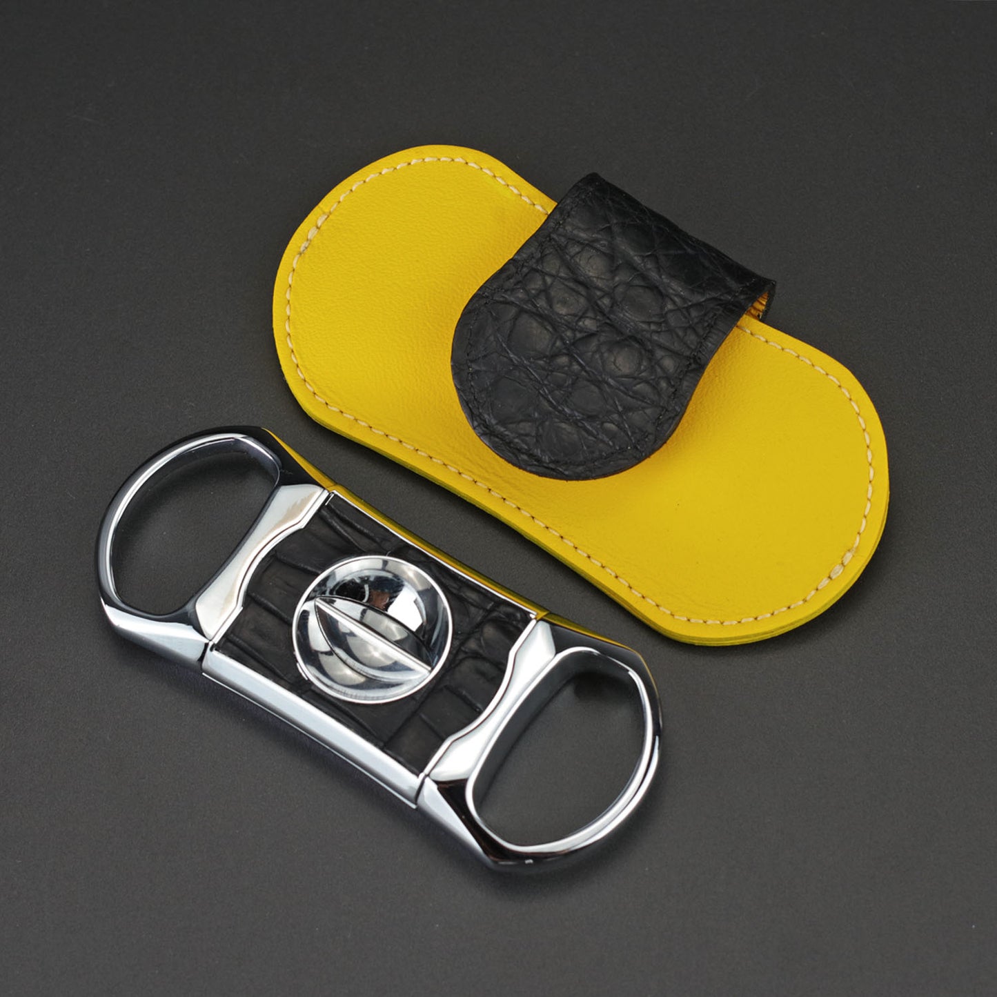 The "V" Cutter - Genuine Black Caiman Alligator and Yellow Leather