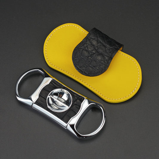 The "V" Cutter - Genuine Black Caiman Alligator and Yellow Leather