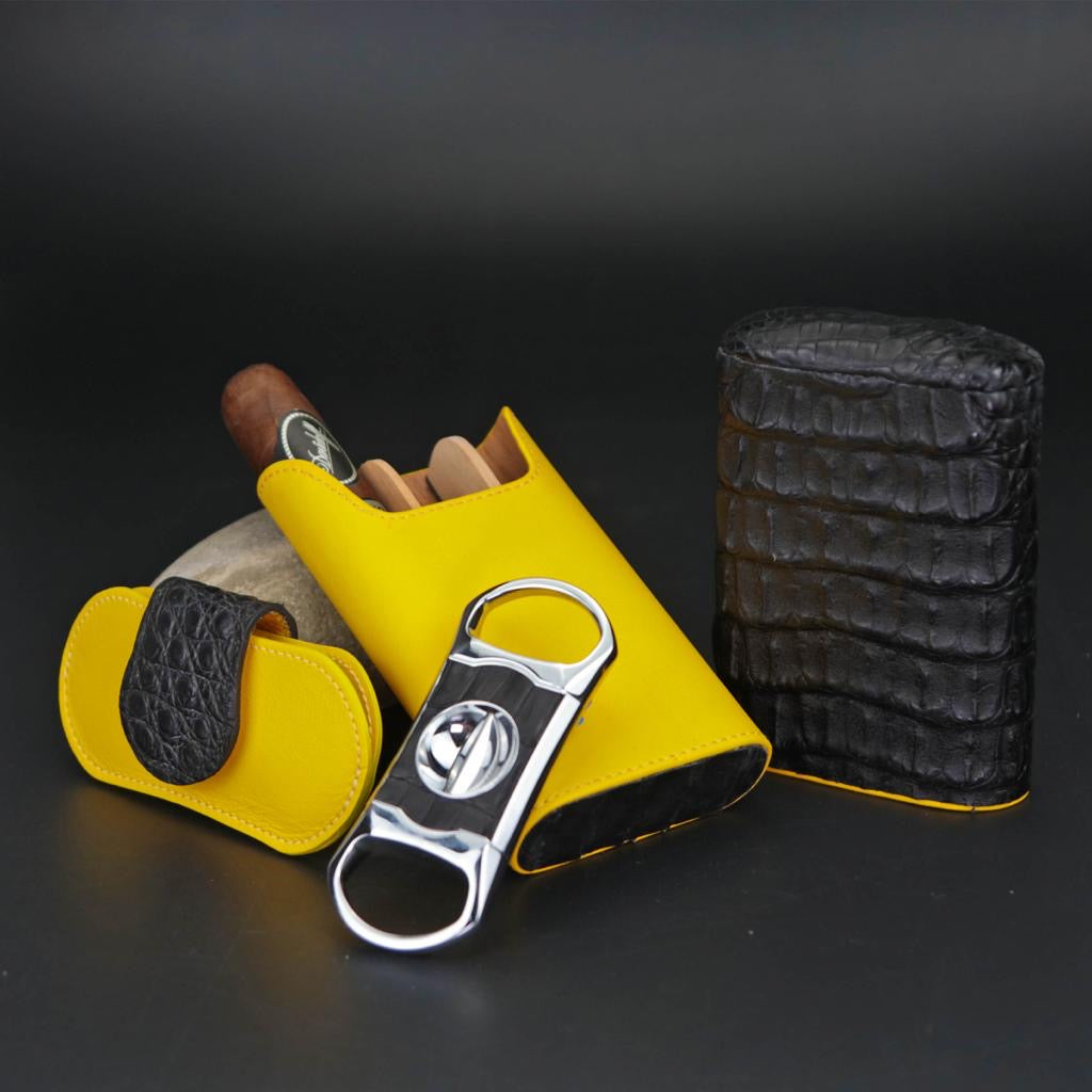 The "V" Cutter - Genuine Black Caiman Alligator and Yellow Leather
