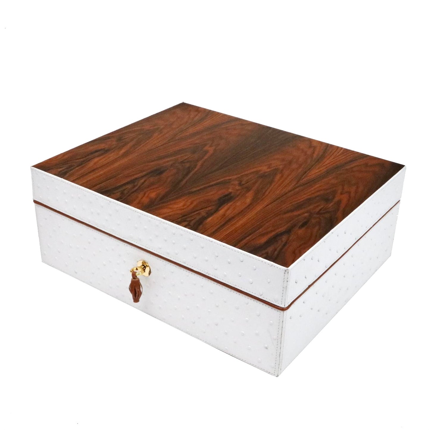 The "Airflow" Cigar Humidor - White Ostrich Leather and Rosewood (60/70 Count)