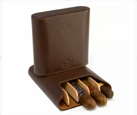 The "Show Band" 5 Cigar Case - Coffee Leather and Macassar Ebony