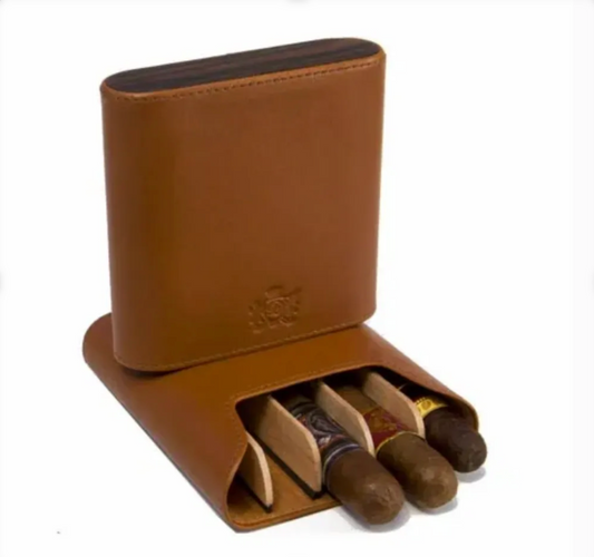 The "Show Band" 5 Cigar Case - Tan Leather and Macassar Ebony
