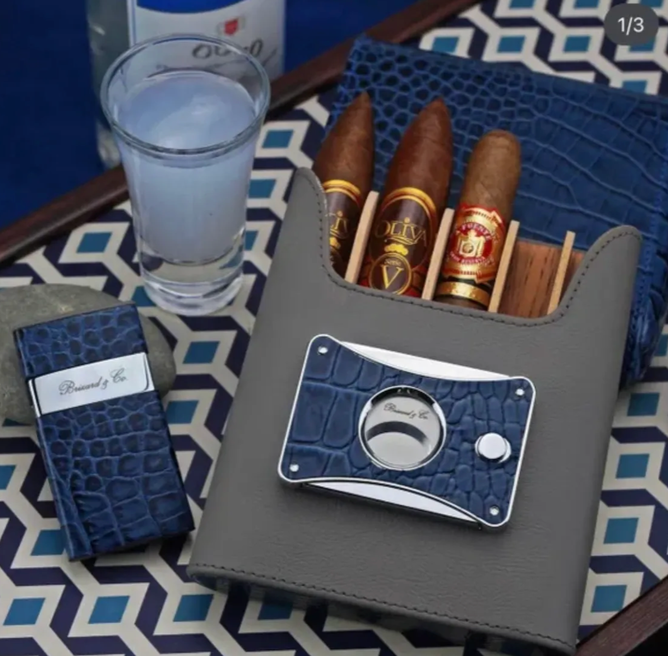 The "Show Band" 5 Cigar Case - Indigo Croco Pattern and Gray Leather